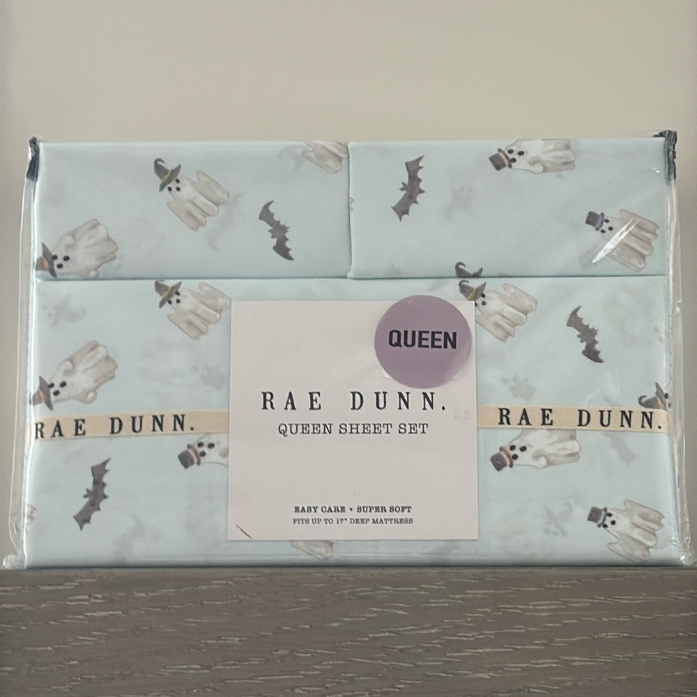 NEW Rae Dunn Blue Witch Ghosts Boo Bats Halloween Queen Sheet Set